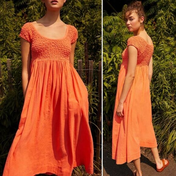 Free People All Eyes On You Smocked Midi Vibrant Orange Dress L - Picture 2 of 10